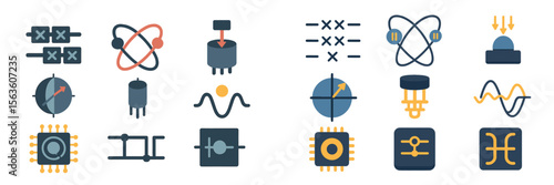 Variety of digital electronic symbols illustrating circuit components and waves in a modern design