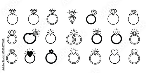 Wedding and engagement ring icon collection with diamond illustrations symbolizing love and marriage, great for invitations, branding, and romantic projects

