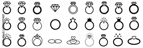 Engagement and wedding ring vector set with diamond icons representing love and marriage, ideal for romantic designs, invitations, and jewelry branding use

