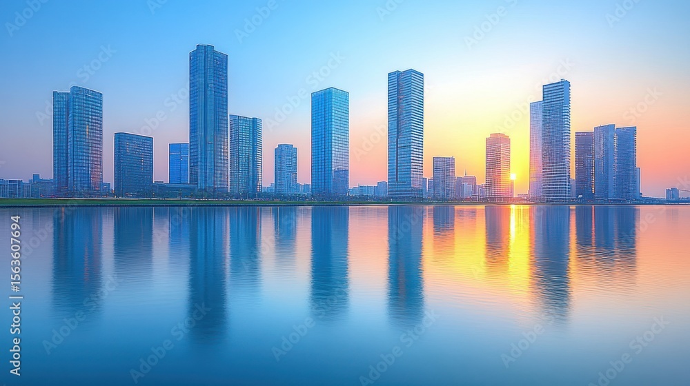 Fototapeta premium Skyline at sunset with reflections on the water