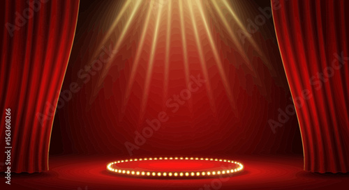 Elegant stage backdrop with red curtains, spotlight, and circular platform
