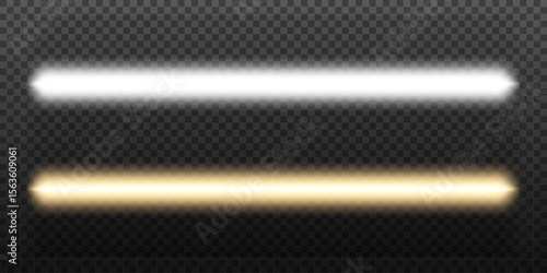 Laser and luminous neon light sticks. Neon led light tubes. Fluorescent white and yellow glowing. Vector illustration on transparent background