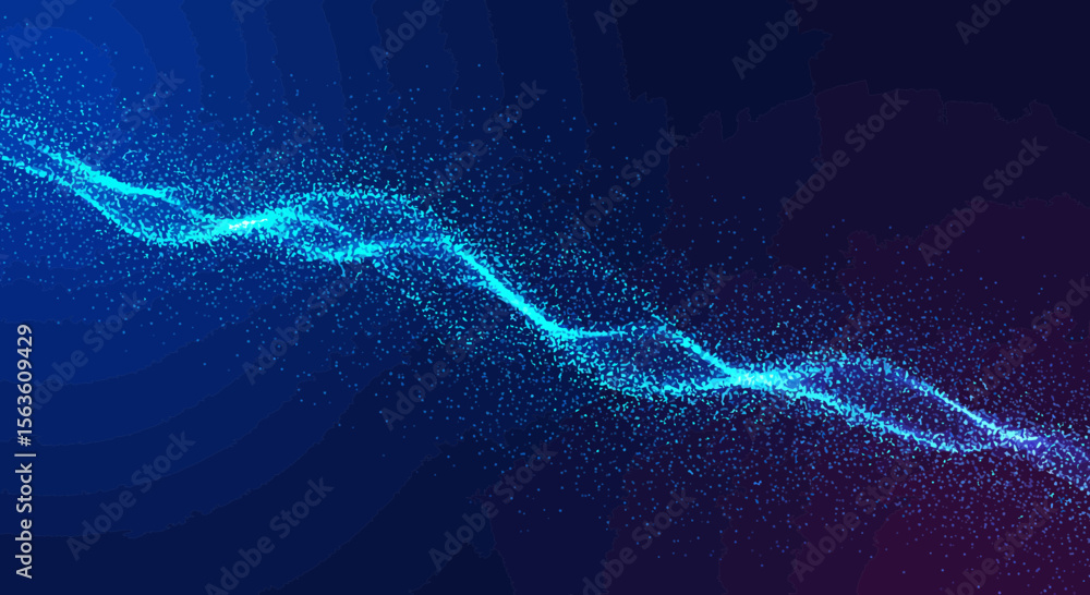 Fototapeta premium Abstract wave of glowing particles in deep blue and purple gradient background