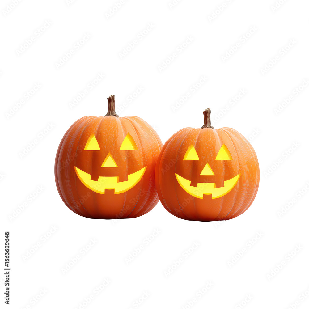 Pair of happy jack-o'-lanterns with friendly expressions and glowing interiors, radiating Halloween joy on transparent background Pair of happy jack-o'-lanterns with friendly expressions and glowing interiors, radiating Halloween joy on transparent background
