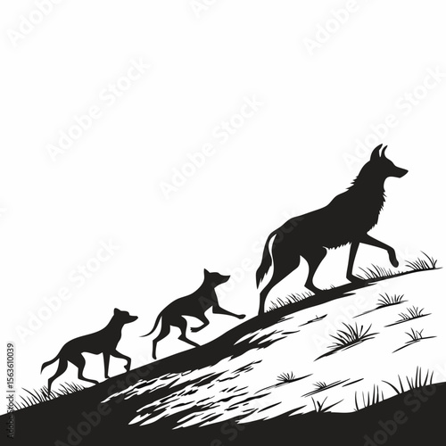 Black silhouettes of dogs running up a grassy hill vector