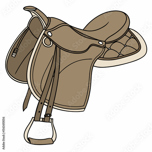 Brown english saddle with stirrup and straps equestrian horse tack