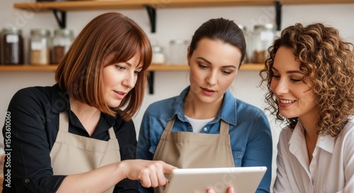 Three women in aprons looking at a tablet