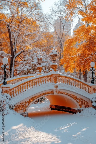 Snowy Bridge in Central Park with Autumn Leaves