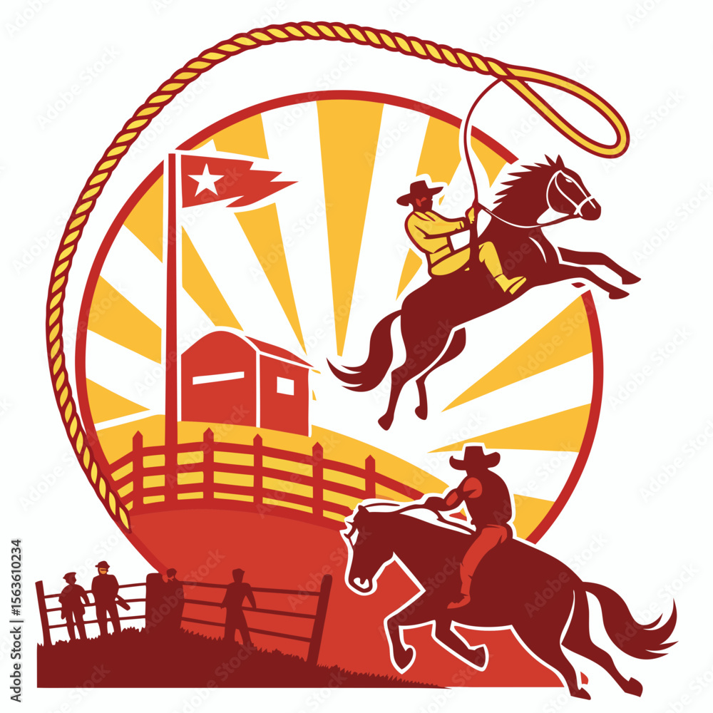 Obraz premium Cowboys on horses with lasso and barn rodeo