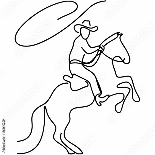 Cowboy lassoing on rearing horse rodeo western