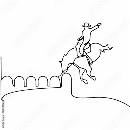 Cowboy riding bucking horse with fence rodeo