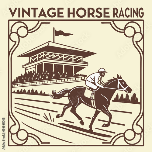 Jockey riding horse on race track near grandstand horse racing