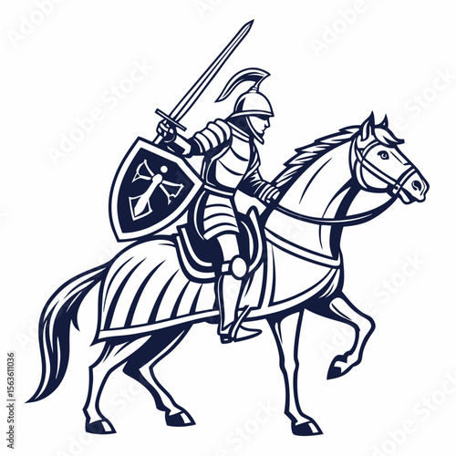 Knight on horseback holding sword and shield cavalry soldier