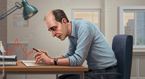 Stressed businessman reviewing financial charts, showing a downward trend, sits hunched over paperwork at his desk, illuminated by a desk lamp.