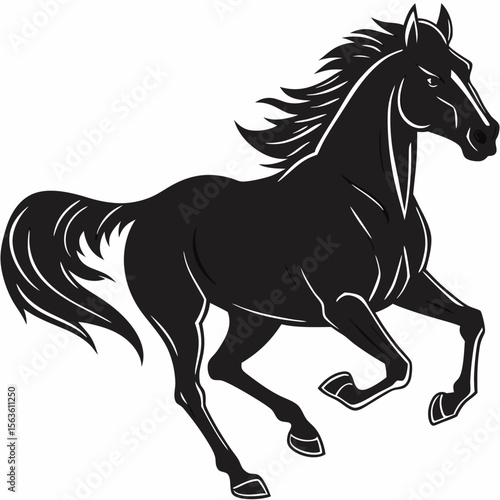 Powerful black stallion galloping with flowing mane and tail horse running