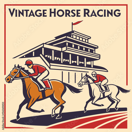 Vintage horse racing poster with jockeys and grandstand sport