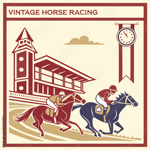 Vintage horse racing jockeys on horses with grandstand and clock vector
