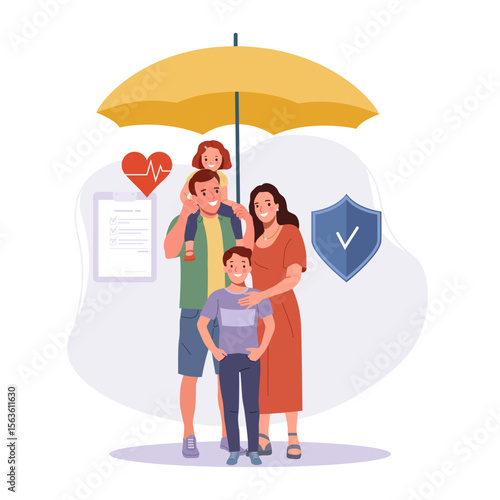 Concept illustration of family medical insurance. Family with children under an umbrella. Vector illustration.