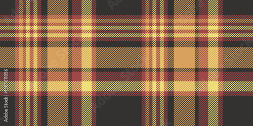 Seamless red, yellow, and black tartan plaid pattern with layered diagonal stripes. Geometric checkered design for fabric, wallpaper, or digital backgrounds. Vector repeatable textile texture.
