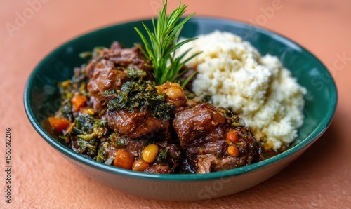 Herbal mukimo and goat stew on plate