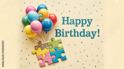 Colorful happy birthday balloons and puzzle pieces with confetti on pastel background