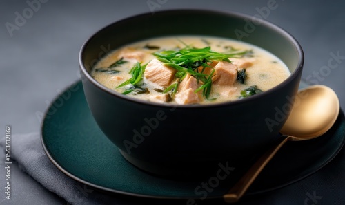 Chinook salmon soup with wild onions