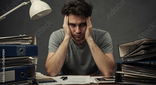 Overwhelmed man sits at desk buried under paperwork, hands on head, expressing stress and exhaustion from work overload.
