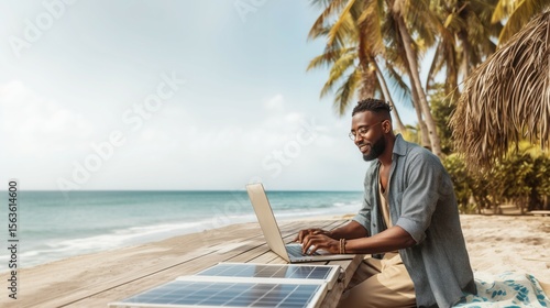 Fototapeta Naklejka Na Ścianę i Meble -  Young professional working from a laptop in a tropical location, surrounded by palm trees and ocean, with good Wi-Fi and solar-powered tech.