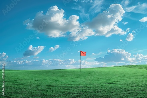 Golf Course Landscape Golf Field with Green Grass Red Flag and Cloudy Blue Sky
