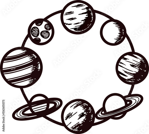 Hand drawn illustration of eight planets in orbit vintage sketch astronomy solar system concept