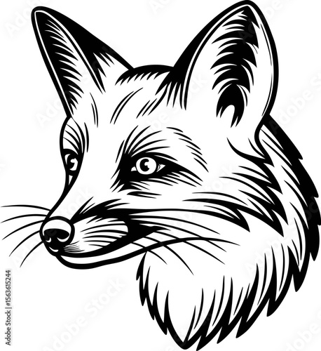 Hand drawn black and white illustration of a fox head in vintage engraved etching