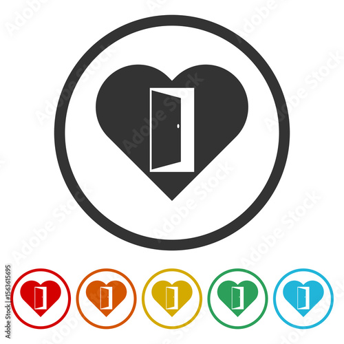 Door of heart icon. Set icons in color circle buttons