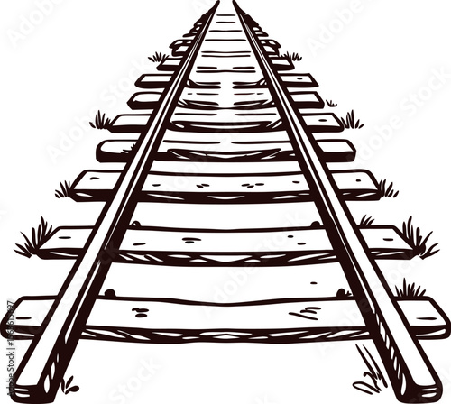 Hand drawn vintage railway track illustration with wooden sleepers and grass in black and white engraving