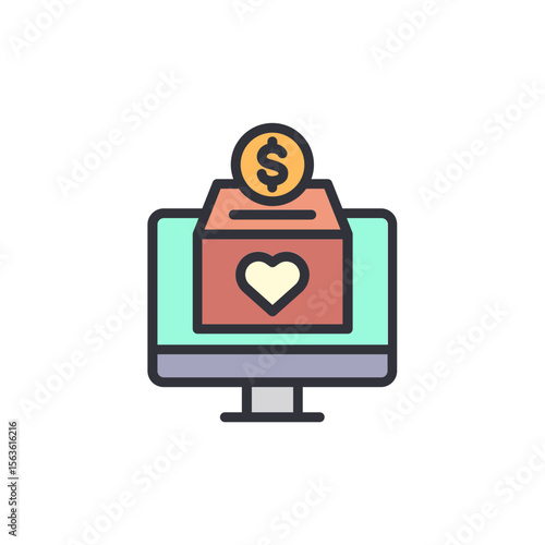 Online Donation Platform Displaying Computer With Heart And Money