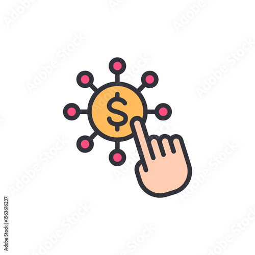 Hand Touching Dollar Coin Representing Online Payment Network Connection