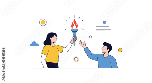 Two people passing a flaming torch symbolizing leadership teamwork and shared success in an abstract illustration