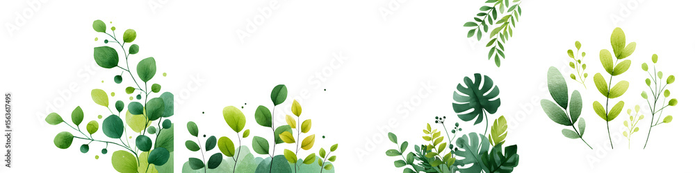 Obraz premium Lush Green Botanical Corner Borders Watercolor Set