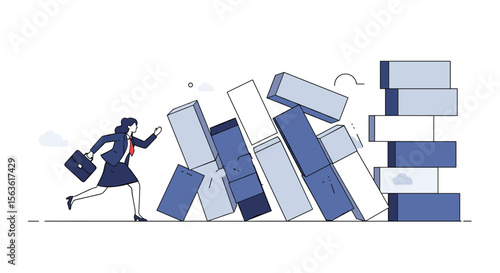 Businesswoman narrowly escapes a cascade of falling financial blocks demonstrating risk management and crisis avoidance strategies