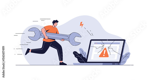 Illustration of a person running with a large wrench towards a laptop displaying an error symbol and a broken graph representing technical issues and repair needs