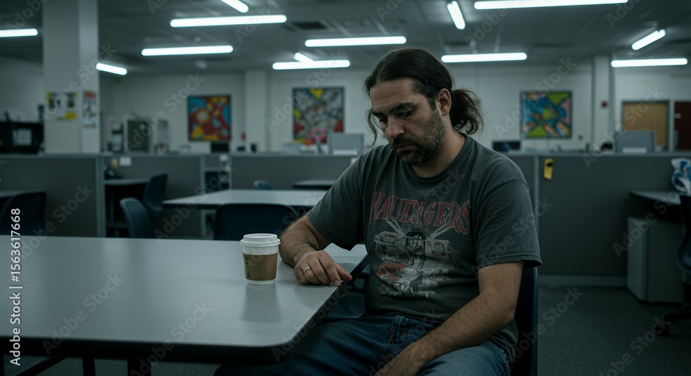 Pensive man sits alone in a modern office, lost in thought, a coffee cup rests on the table beside him. Pensive man sits alone in a modern office, lost in thought, a coffee cup rests on the table beside him.