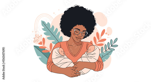 A gentle embrace of motherhood and natural beauty captures the essence of nurturing connection and soft pastel tones illustrate a peaceful bonding moment