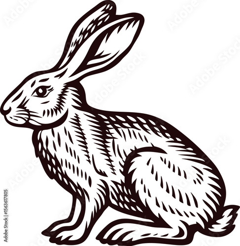 Hand drawn vintage engraved hare sitting in profile black and white detailed sketch illustration