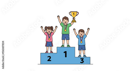 Children celebrate victory on a podium with a first place trophy and medals for achievement and success