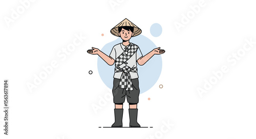 Young asian farmer with a conical hat and open arms expresses confusion and uncertainty about agricultural practices and challenges