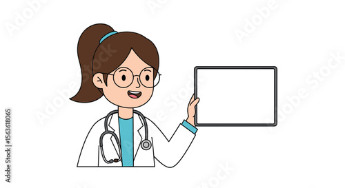 A friendly female doctor holding a digital tablet ready to explain medical information to patients