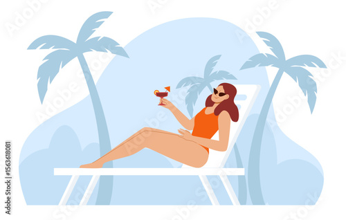 Woman in swimsuit sunbathing lying on loungery. A girl drinks a cocktail by the pool. Summer holidays, travel, vacation minimal poster. Vector illustration in flat style.