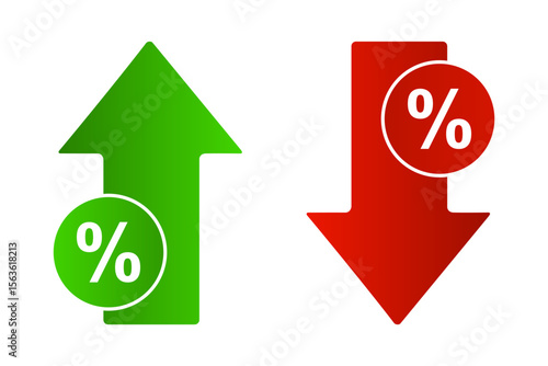 Vector illustration of rising green and falling red arrows with percentage symbols, symbolizing financial growth and decline. Perfect for market infographics, reports, and business dashboards