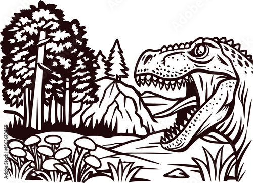 Ferocious dinosaur roaring near ancient forest and mountain landscape in detailed black line art illustration