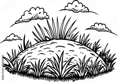 Hand drawn grassy hill with bushy plants and clouds in vintage engraved illustration