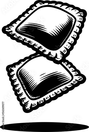 Hand drawn illustration of two ravioli pasta pieces floating with shadow in vintage engraving